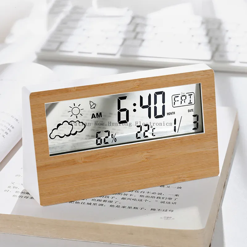 2023 Hot Selling Multi-function Classic Weather Station Clock Bamboo LCD Display Time Alarm Table Clock