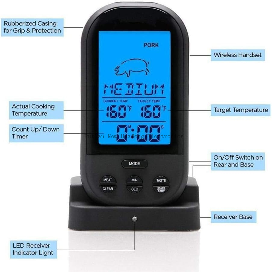 Digital Meat Thermometer, Wireless Remote Food Thermometer Meat Fish Timer for Waterproof Smoker