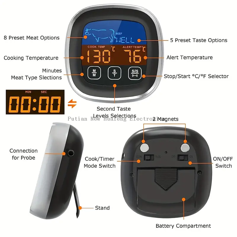 Digital Meat Thermometer With Large Touchscreen LCD, With Long Probe, Kitchen Timer, Backlight Instant Read For Smoker Kitchen BBQ Oven, Grill Thermometer, Cooking Food Meat Thermometer