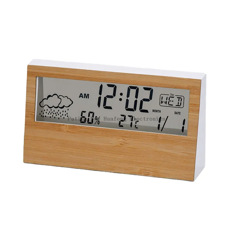 2023 Hot Selling Multi-function Classic Weather Station Clock Bamboo LCD Display Time Alarm Table Clock
