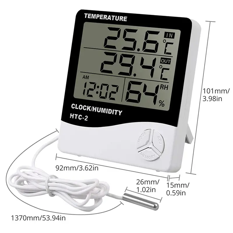 HTC-2 Clock Digital Indoor Outdoor Thermometer Hygrometer Weather Temperature Max min Record