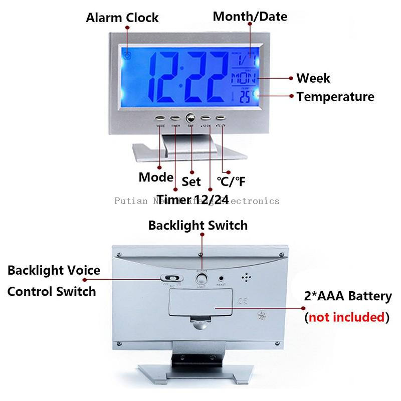 LCD Digital Clock Voice-Activated Perpetual Calendar Alarm Clock With Time/Date/ Week/Temperature Display