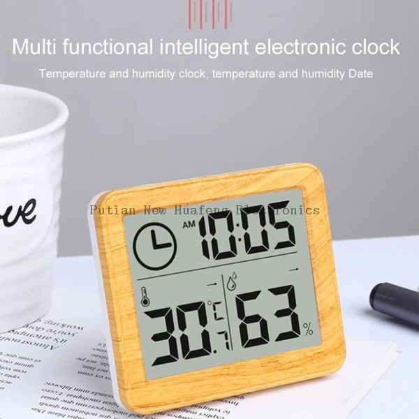 Woodworking digital temperature and hygrometer, electronic clock, non-contact, weather station for desktop decoration