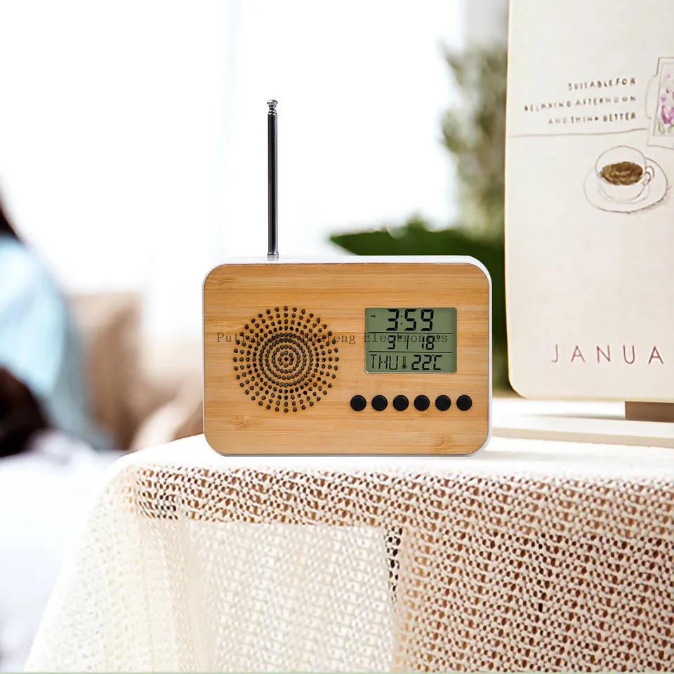 Hot Sale New Design Home Decor Bamboo TOP FM Radio LCD Clock Alarm Clock
