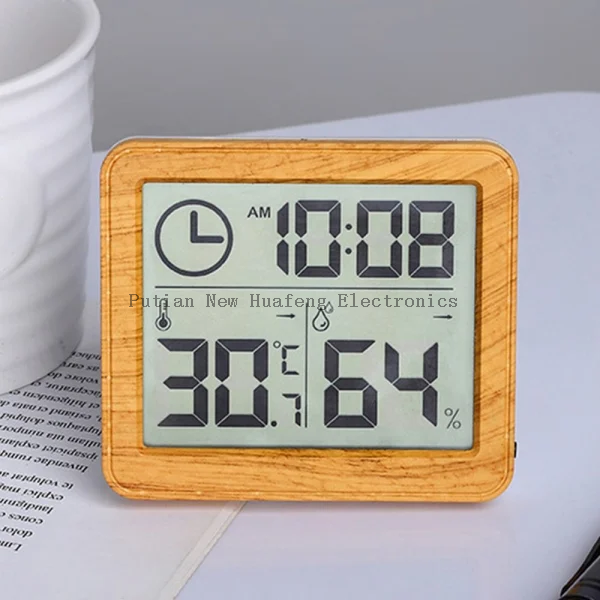 Woodworking digital temperature and hygrometer, electronic clock, non-contact, weather station for desktop decoration