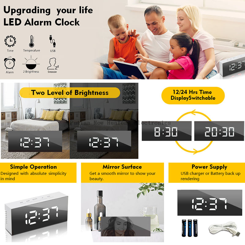 LED Mirror Alarm Clock Digital Snooze Table Clock Wake Up Light Electronic Large Time Temperature Display Home Decoration Clock