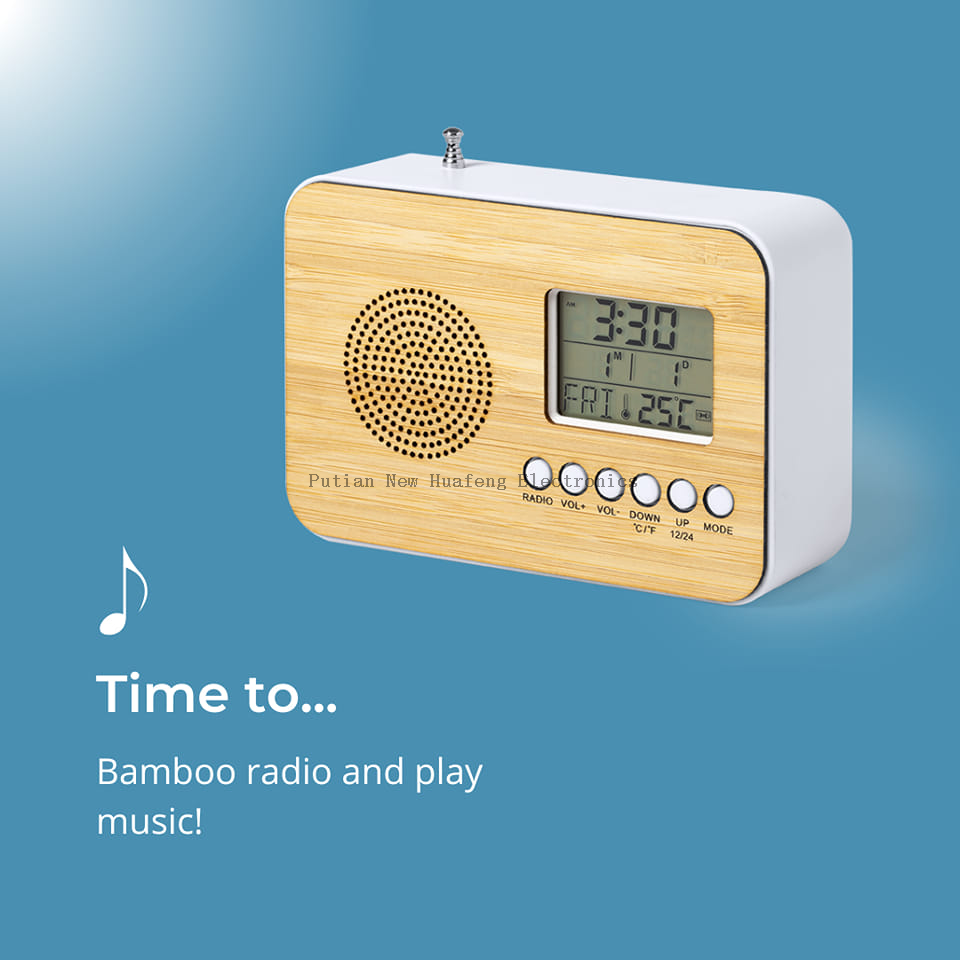 Hot Sale New Design Home Decor Bamboo TOP FM Radio LCD Clock Alarm Clock