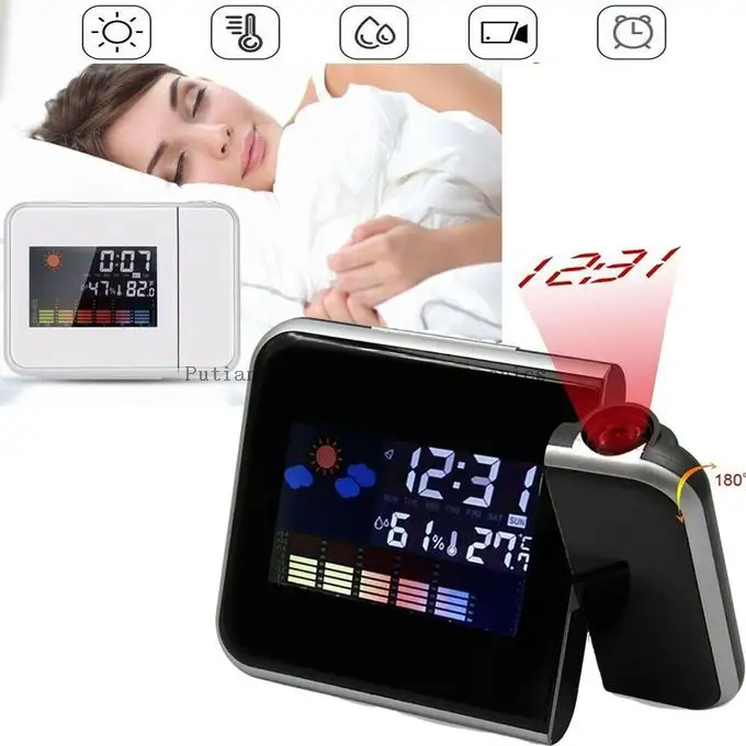 Promotional Best Seller Wireless Desktop Color Screen Digital Projector Alarm Clock Weather Station Clock Projector