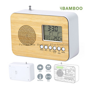 Hot Sale New Design Home Decor Bamboo TOP FM Radio LCD Clock Alarm Clock
