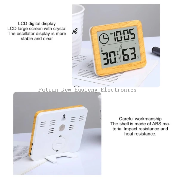 Woodworking digital temperature and hygrometer, electronic clock, non-contact, weather station for desktop decoration