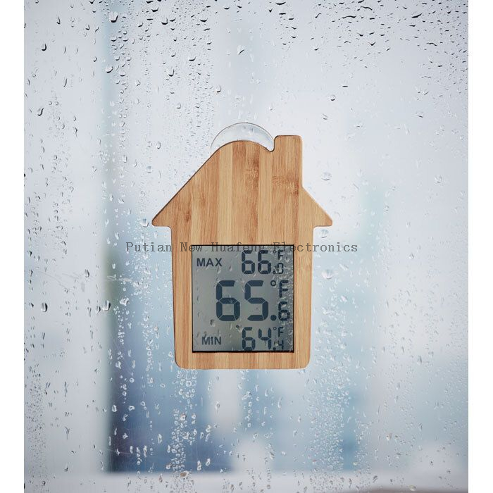 House-shaped Bamboo Weather Station with Suction Cup, Multi-functional Thermometer.