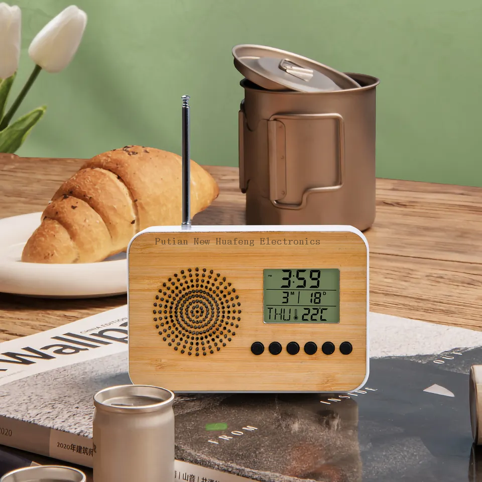 Hot Sale New Design Home Decor Bamboo TOP FM Radio LCD Clock Alarm Clock