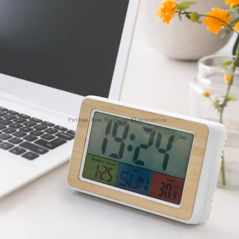 2023 New Wholesale Professional colorful digital Bamboo Digital Alarm Clock with thermometer hygrometer for living room