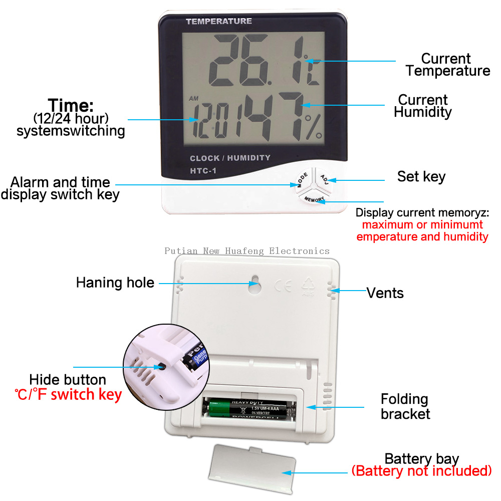 Humidity Thermometer Hygrometer Weather Station Clock Htc-1 Room Thermo Temperature Meter