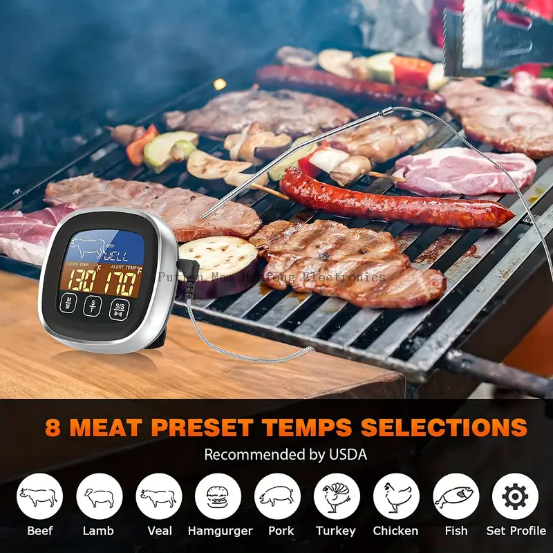 Digital Meat Thermometer With Large Touchscreen LCD, With Long Probe, Kitchen Timer, Backlight Instant Read For Smoker Kitchen BBQ Oven, Grill Thermometer, Cooking Food Meat Thermometer
