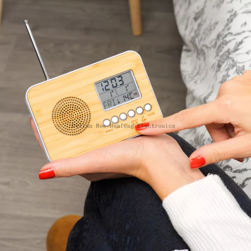 Hot Sale New Design Home Decor Bamboo TOP FM Radio LCD Clock Alarm Clock
