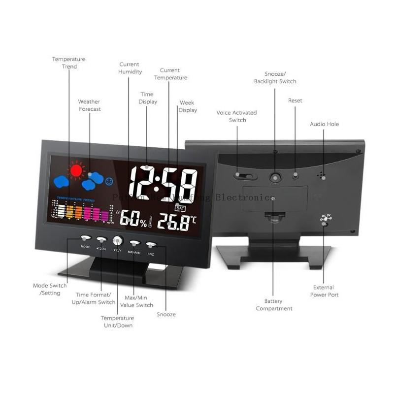 Weather Sound Control Clock With Time Date Week Temperature Humidity Display Weather Forecast Function
