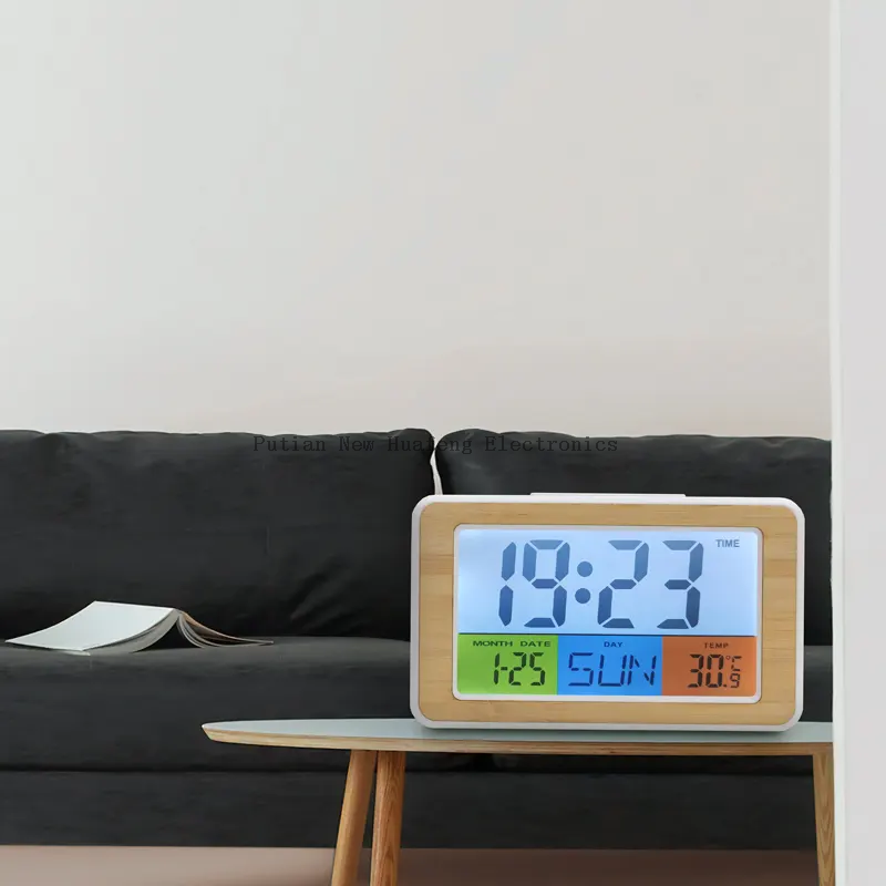 2023 New Wholesale Professional colorful digital Bamboo Digital Alarm Clock with thermometer hygrometer for living room